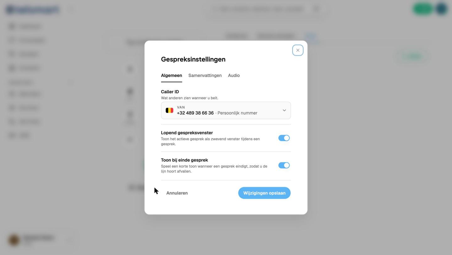 Tabblad Algemeen van Gespreksinstellingen, met Caller ID bovenaan.