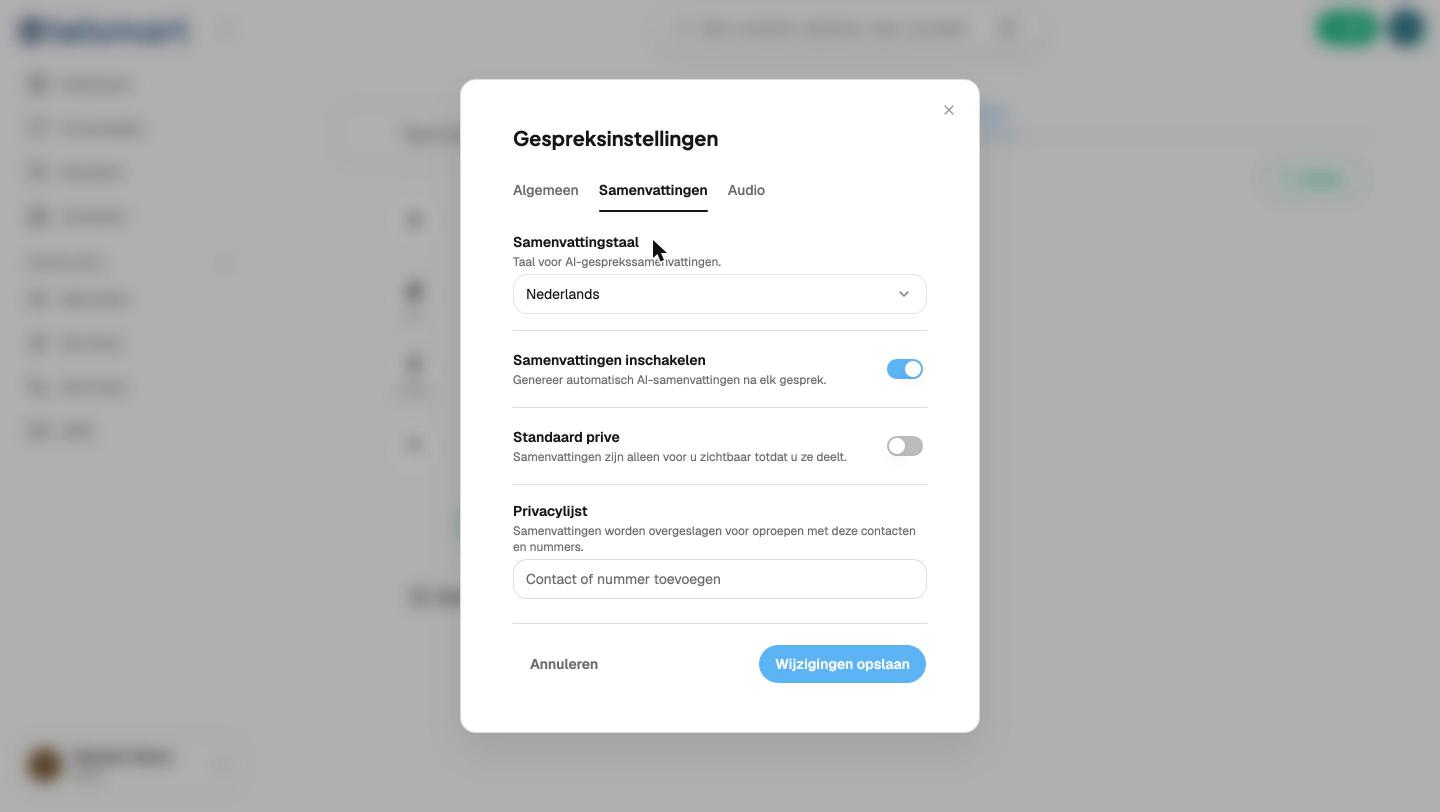Tabblad Samenvattingen, met de privacylijst onderaan.