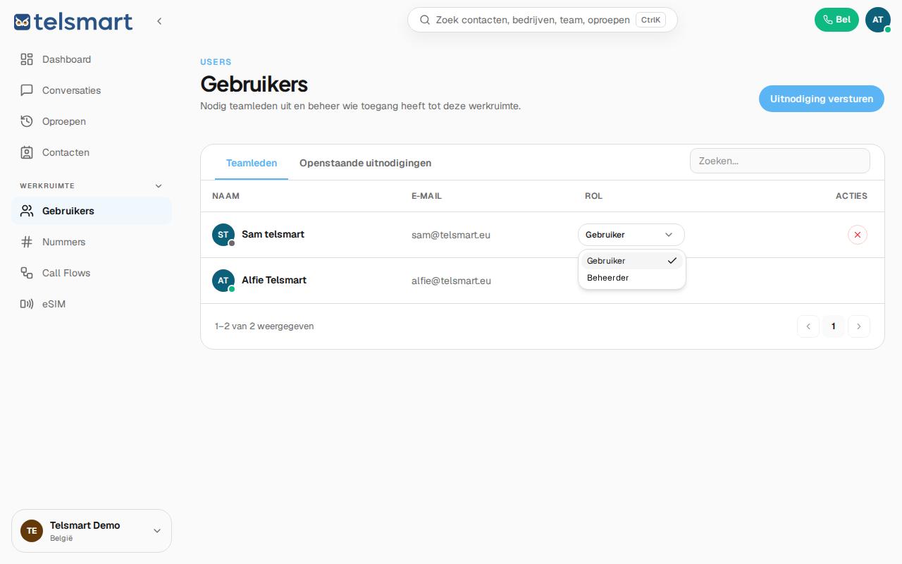 De rollendropdown in de gebruikerslijst, met Gebruiker en Beheerder als keuzes.