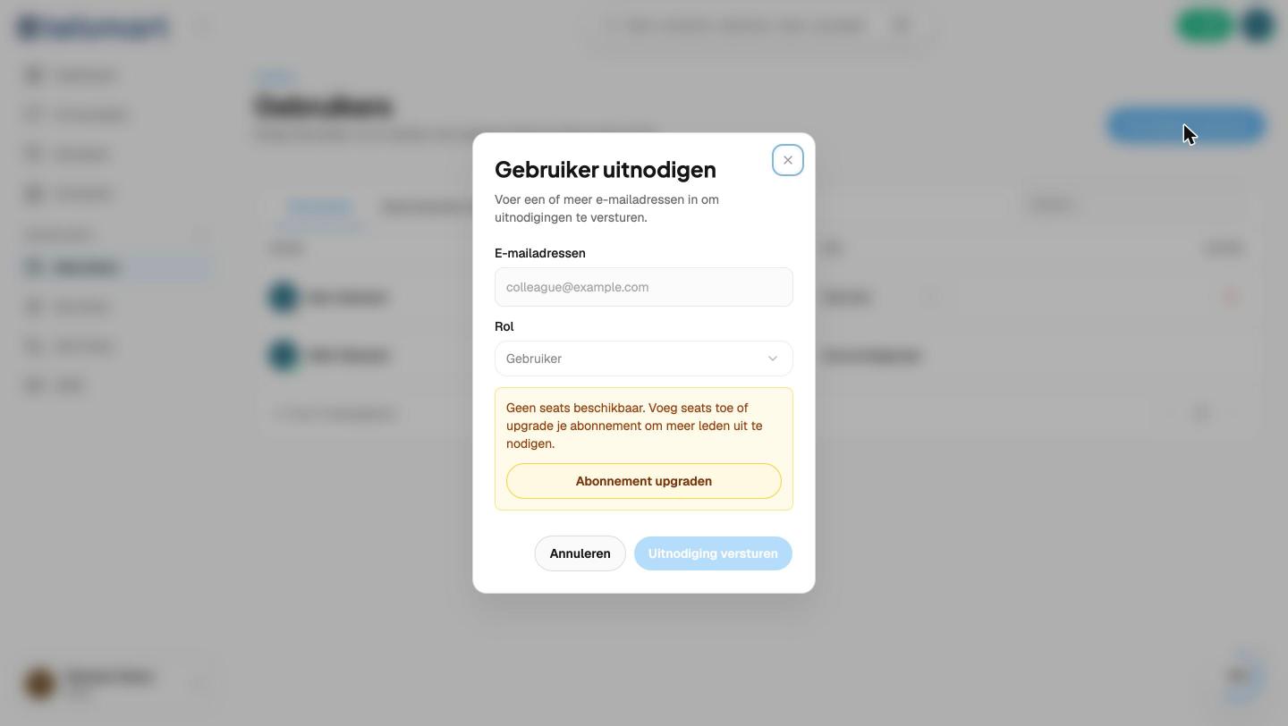 De uitnodigingsmodal wanneer er geen vrije seats meer zijn.