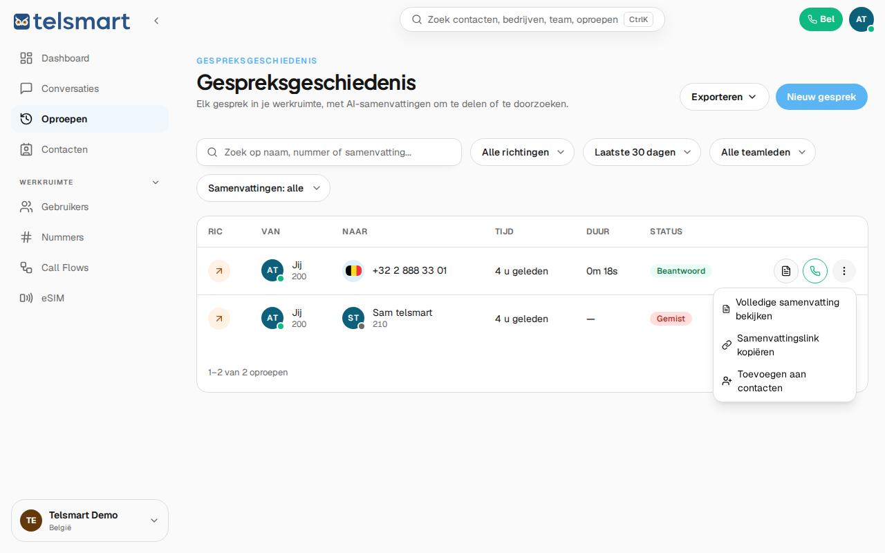 Het ingeklapte "Meer"-venster bij een gesprek in Oproepen.