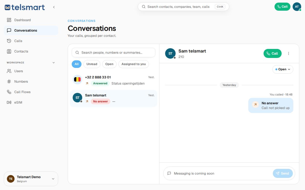 A missed call in Conversations, without an AI summary.