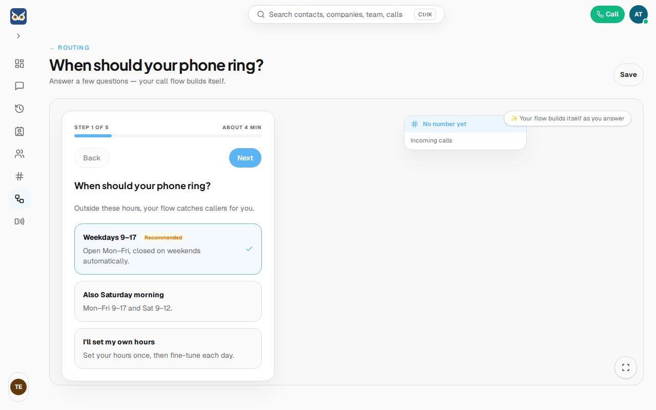 Step 1 of the guided setup, with the three opening-hours options.