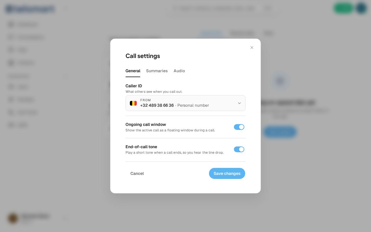 The General tab of Call settings, with Caller ID at the top.