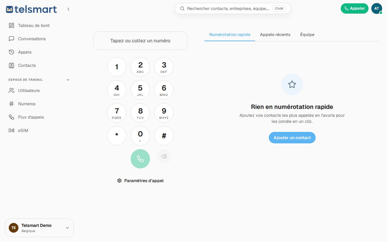 L'écran d'appel avec les onglets Numérotation rapide, Appels récents et Équipe.