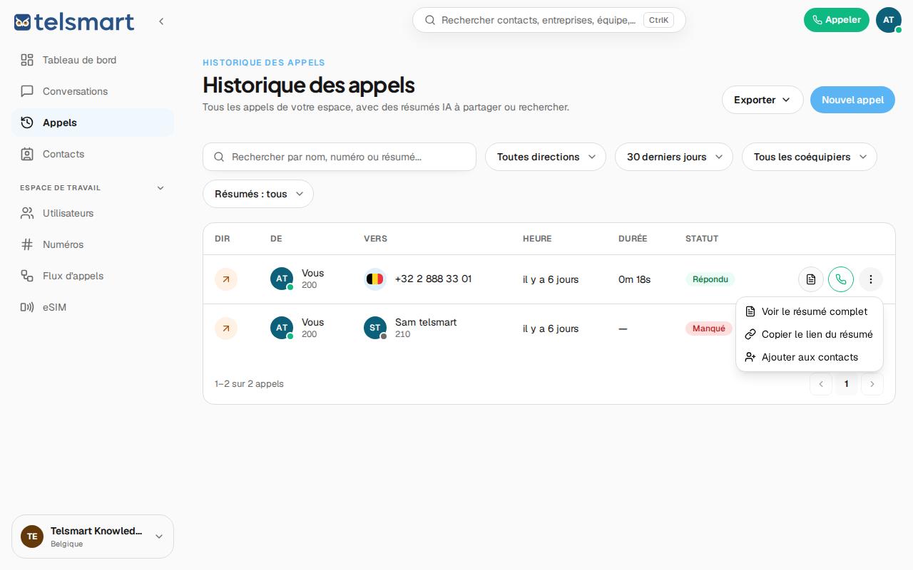 Le panneau « Plus » déplié à côté d'un appel dans Appels.