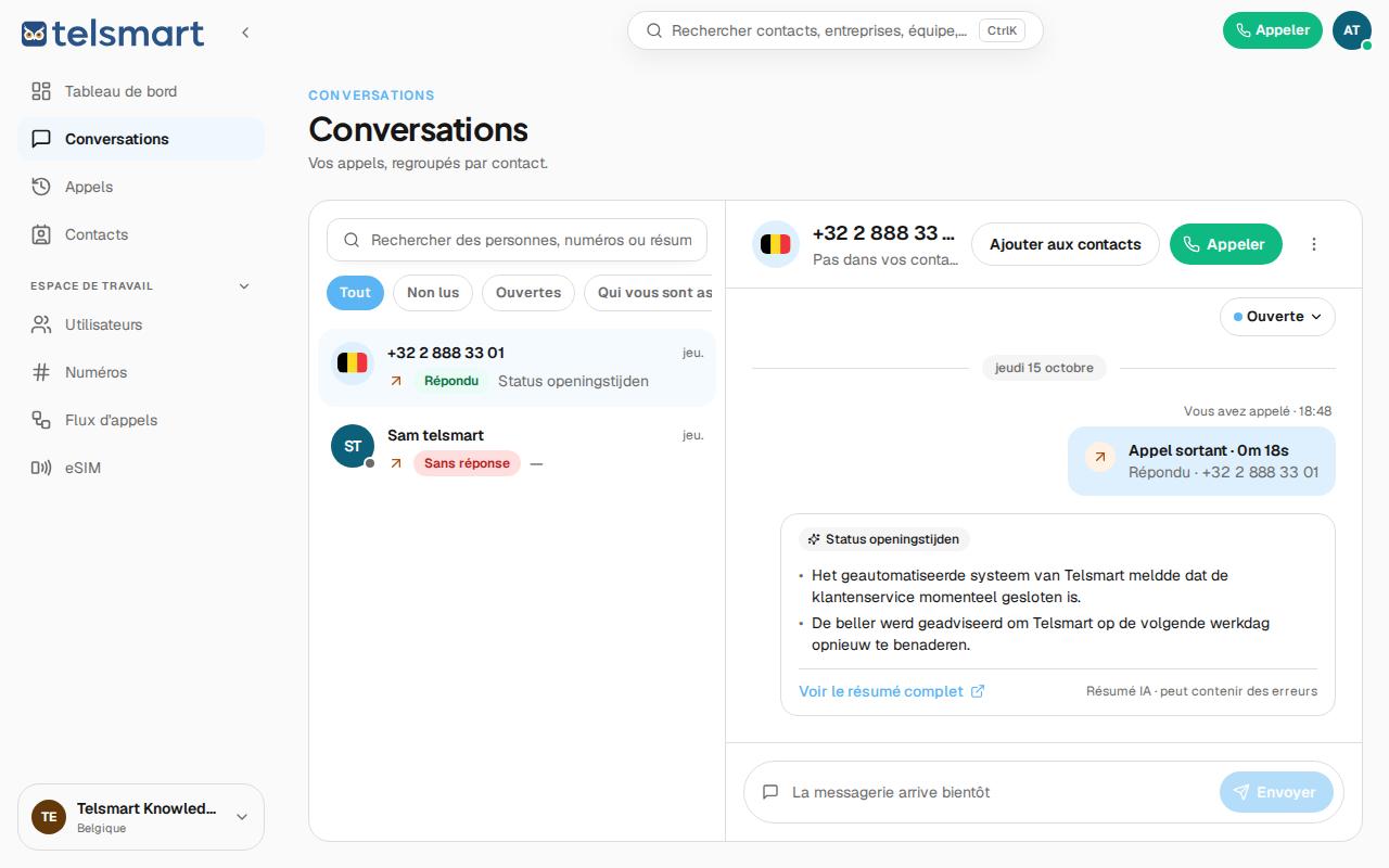 Détails de l'appel avec le résumé IA et les points d'action.